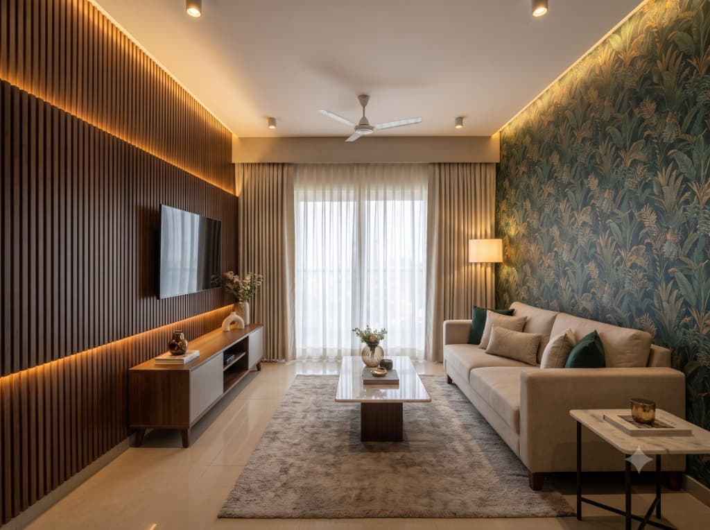 Living Room — Botanical Wallpaper Accent After