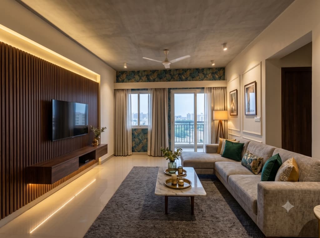 Living Room — Fluted Walnut Louvers After