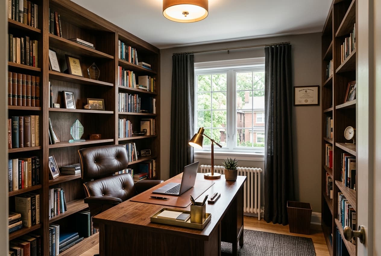 Guest Office — Executive Walnut Bookshelves After