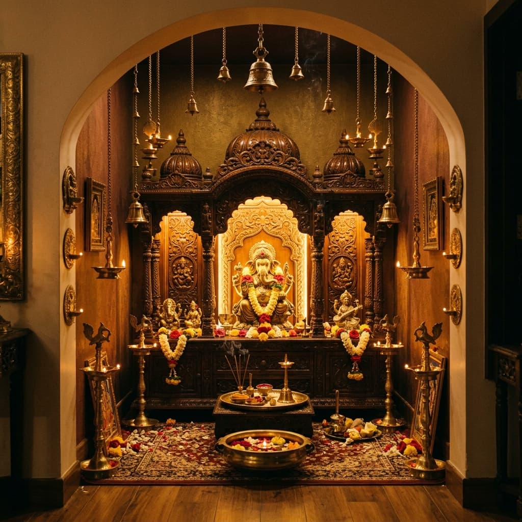Pooja Room — Traditional Carved Wood After