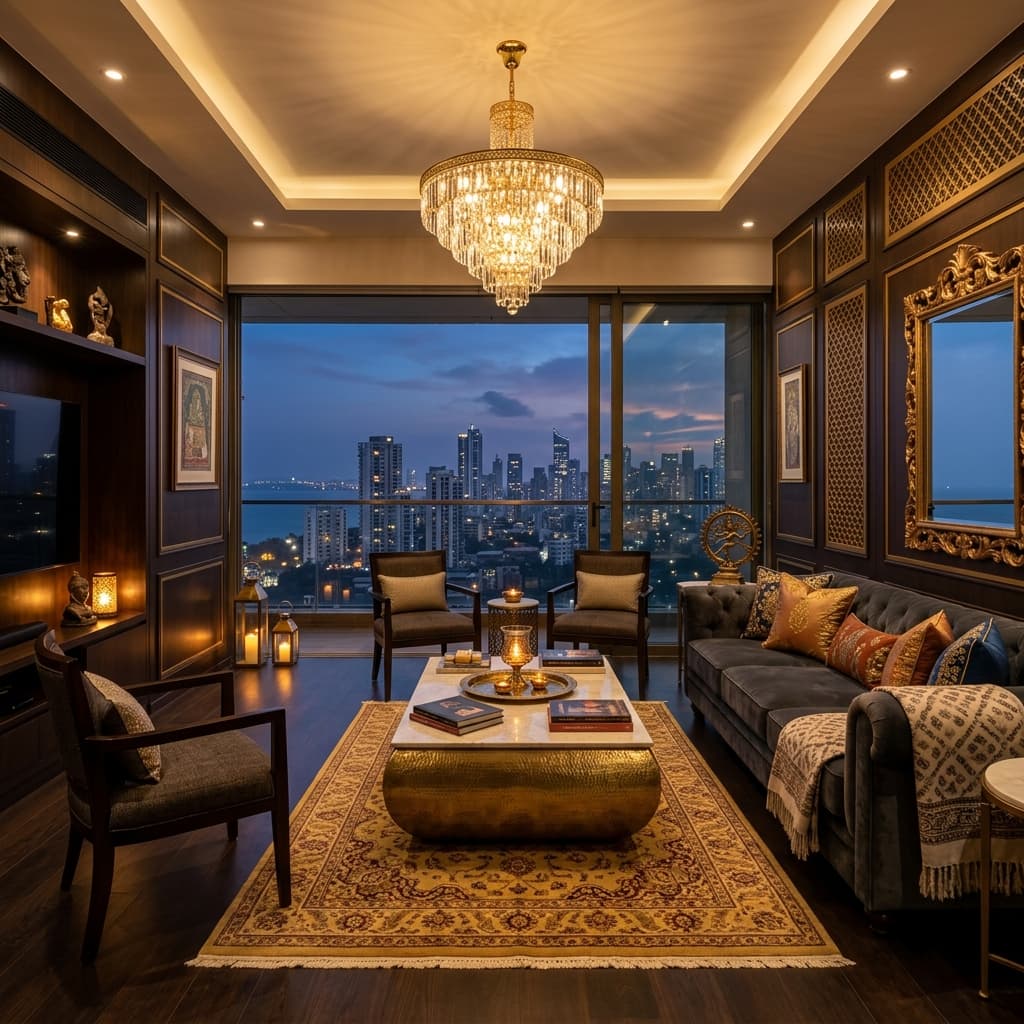 Luxury apartment living room with fluted walnut louvers and botanical wallpaper